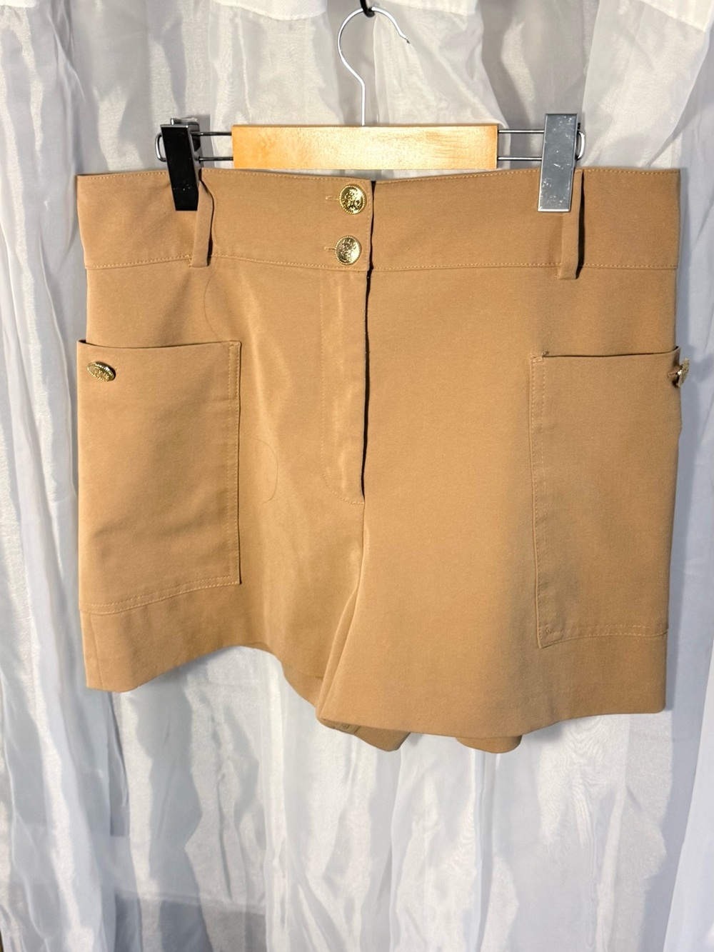 Zara Camel Utility Shorts with Gold Buttons